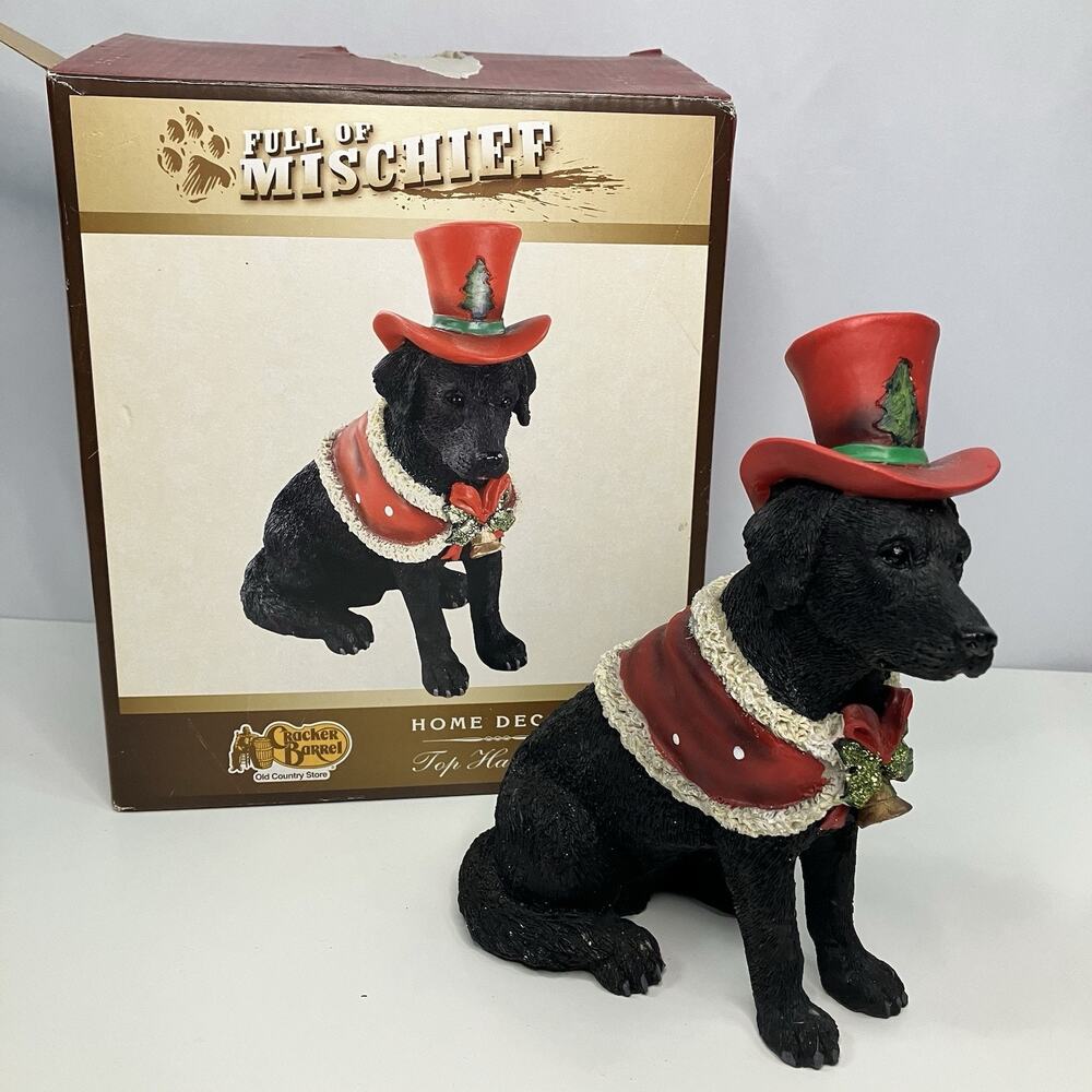 Cracker Barrel Full of Mischief Black Lab Top Hat Dog Christmas Figurine Boxed
